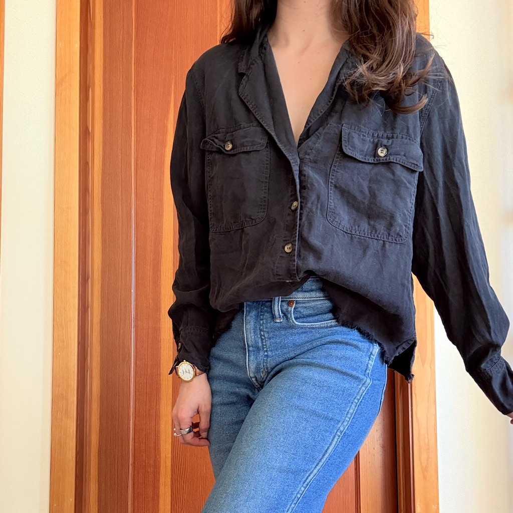 Anine Bing Faded Black Distressed Tencel Button-Down Shirt Womens Xs